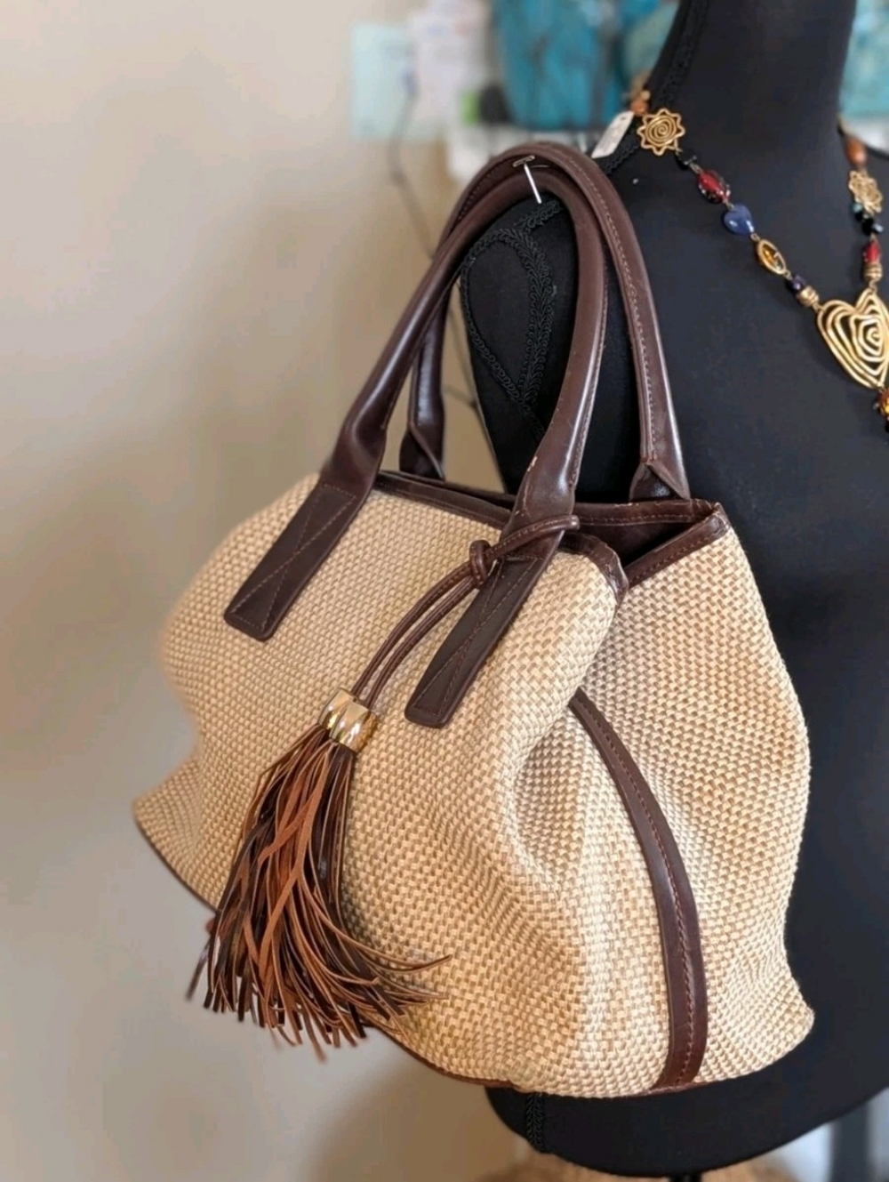Adolfo Dominguez Stylish, High Quality Brown Woven & Leather Handbag/Purse